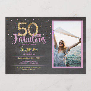 50 & Fabulous Pink Geburtstagsparty 50. Gold Foto Einladung