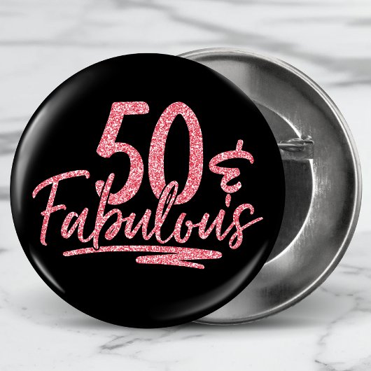 50 & Fabulous Pink Glitter 50th Birthday Sparkle Button
