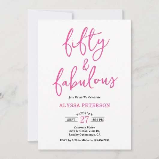 50 & Fabulous Pink Modern Script 50th Birthday  Einladung (Vorderseite)