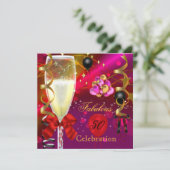 50 & Fabulous Pink Red Gold Black Birthday Party Einladung (Stehend Vorderseite)