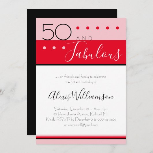 50 Fabulous Pink Red Modern Birthday Einladung (Vorne/Hinten)