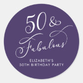 50 Fabulous Purple 50th Birthday Party Runder Aufkleber (Vorderseite)