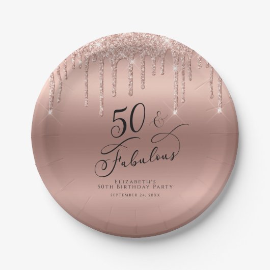 50 Fabulous Rose Gold Glitzer Personalisiert Pappteller (Vorderseite)