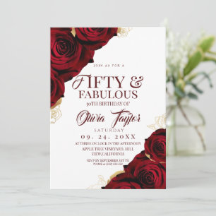 50 & Fabulous Rote Rose Elegante Geburtstagsfeier Einladung