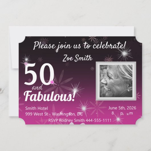 50 & Fabulous schwarz, pink, weiß mit Sternen & da Einladung (Vorderseite)