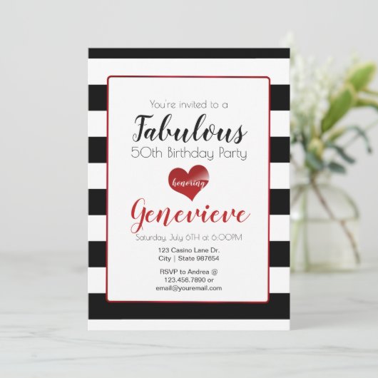 50 & Fabulous | Schwarz-Weiß-Streifen zum Geburtst Einladung (Stehend Vorderseite)