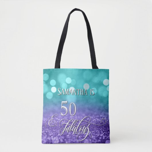 50 & Fabulous Script Sparkling Aquamarin Lila Ombr Tasche (Vorderseite)