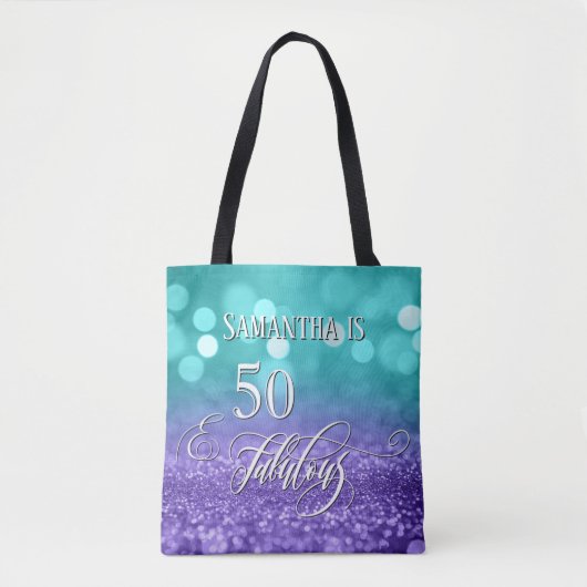 50 & Fabulous Script Sparkling Aquamarin Lila Ombr Tasche (Vorderseite)
