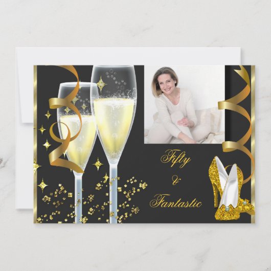 50 & Fantastic Elegant Champagner Shoes Gold Foto Einladung (Vorderseite)