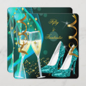 50 & Fantastic Fabulous Gold Aquamarine High Heels Einladung (Vorne/Hinten)