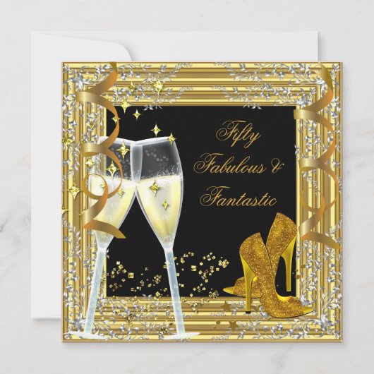 50 & Fantastic Fabulous Gold Black Einladung (Vorderseite)
