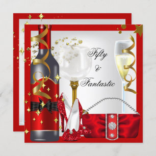 50 & Fantastic Red White Gold Geburtstagsparty Einladung