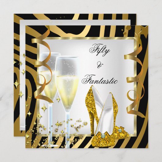 50 & Fantastic Zebra Schwarz-weiß Gold Party Einladung (Vorne/Hinten)