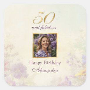 50 & Fantastisch Vintage Lila Gold Blumen Geburtst Quadratischer Aufkleber