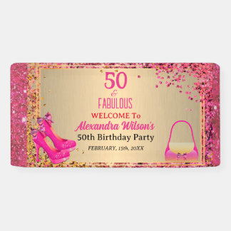 50 & Fantastische High Heels Gold Hot Pink Glitzer Banner