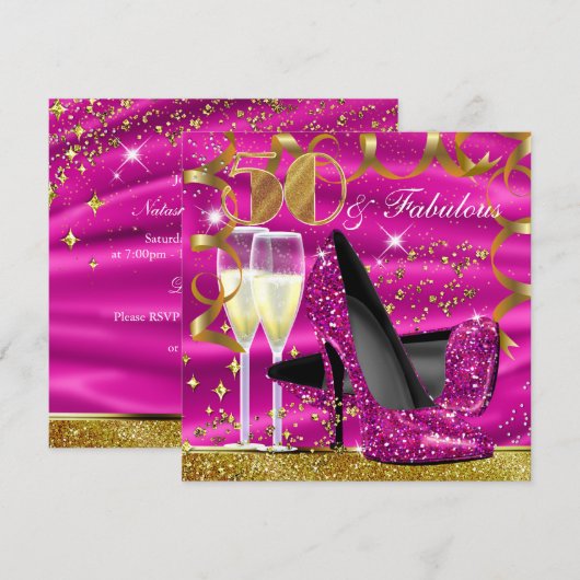 50 Fantastischer Glitzer Pink Gold Geburtstag Einl Einladung (Vorne/Hinten)