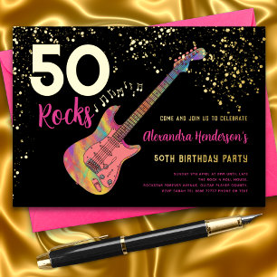 50 Felsen 50. Geburtstagsfeier Pink Schwarz Gold Folieneinladung
