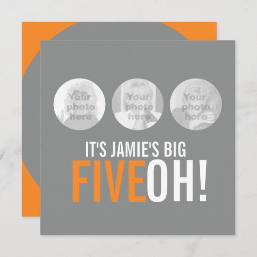 50. FIVEOH, graue und orangefarbene Fotos zum Gebu Einladung (Vorne/Hinten)