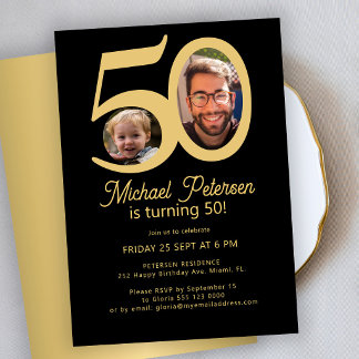 50. Geburtstag 2 Fotos schwarz goldene Geburtstags Einladung
