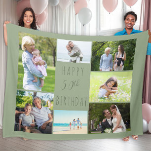 50. Geburtstag 7 Foto-Collage Sagegrün Fleecedecke