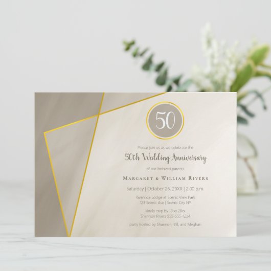 50. Geburtstag antikes graues Goldrahmen Einladung (Stehend Vorderseite)
