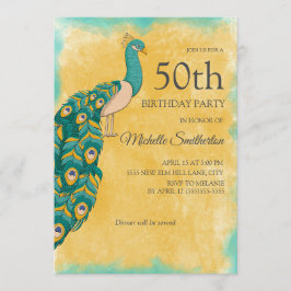 50. Geburtstag Aquamarin Gelbes Wasserfarbenpfau Einladung