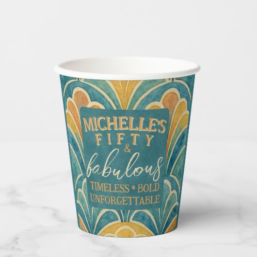 50. Geburtstag Aquamariner Art Deco Cup Pappbecher (Vorderseite)