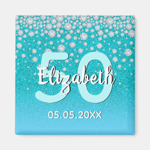 50. Geburtstag aquamariner blauer Glitzer Name Dia Magnet