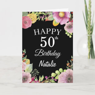 50. Geburtstag Aquarell Blumen Schwarz Karte