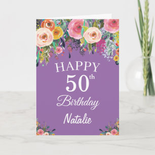50. Geburtstag Aquarellfarben Blume Lila Karte