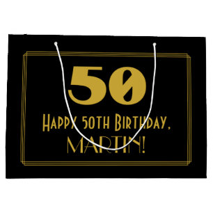 50. Geburtstag — Art Deco Aussehen "50" & Name Große Geschenktüte