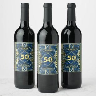 50. Geburtstag Art Deco Gold Blue Great Gatsby Weinetikett