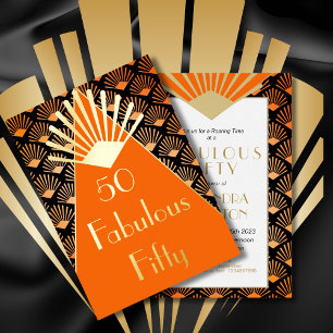50. Geburtstag Art Deco Orange Black Gold Folieneinladung