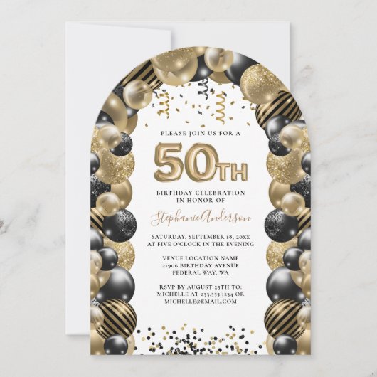 50. Geburtstag Ballon Gold Black Sparkle Einladung (Vorderseite)