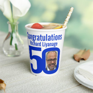 50. Geburtstag benutzerdefinierte zwei Foto blauen Pappbecher