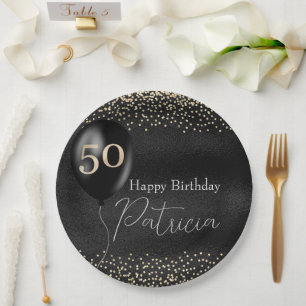 50. Geburtstag Black and Gold Ballon Pappteller