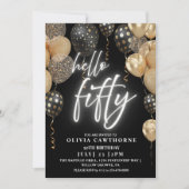 50. Geburtstag Black & Gold Balloons Einladung (Vorderseite)