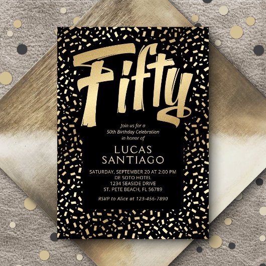 50. Geburtstag Black Gold Confetti Einladung