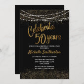 50. Geburtstag Black Gold Glitzer String Lights Einladung (Vorne/Hinten)