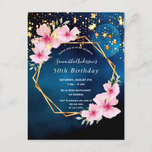 50. Geburtstag blau goldfarbenen rosa Blumen geome Postkarte