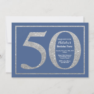 50. Geburtstag Blau- und Silberner Glitzer Einladung