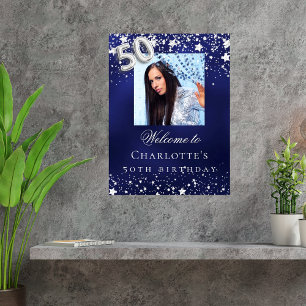 50. Geburtstag blauen Silberstars Foto willkommen Poster