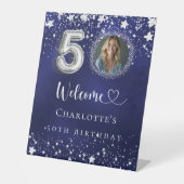 50. Geburtstag blauen Silberstars Foto willkommen Sockelschild (Vorderseite)