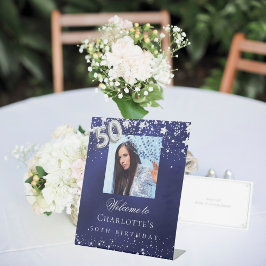 50. Geburtstag blauen Silberstars Foto willkommen Sockelschild