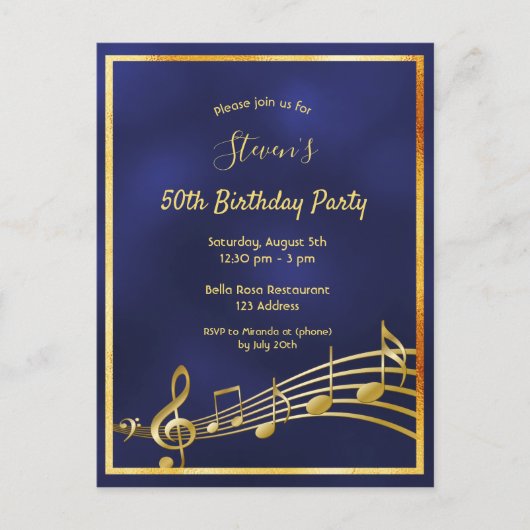 50. Geburtstag blauer Musiknoten Postkarte (Vorderseite)