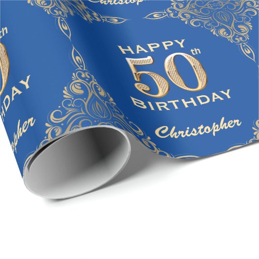 50. Geburtstag Blue and Gold Glitzer Frame Geschenkpapier (Rolleneckpunkt)