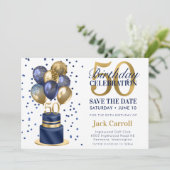 50. Geburtstag Blue Balloon Cake Save The Date (Stehend Vorderseite)