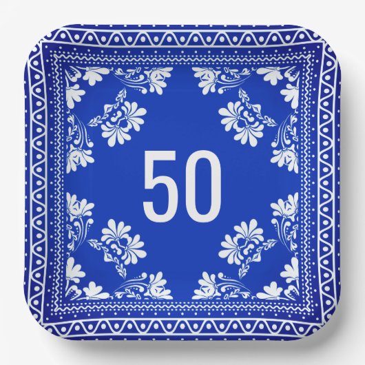 50. Geburtstag Blue Bandana Pappteller (Vorderseite)