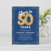 50. Geburtstag Blue Gold Einladung (Stehend Vorderseite)