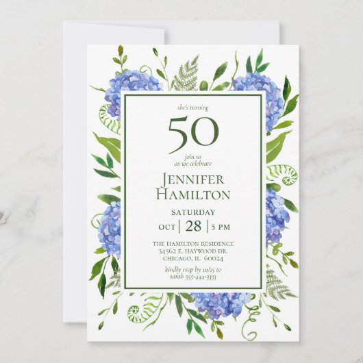 50. Geburtstag Blue Hydrangeas Einladung (Vorderseite)